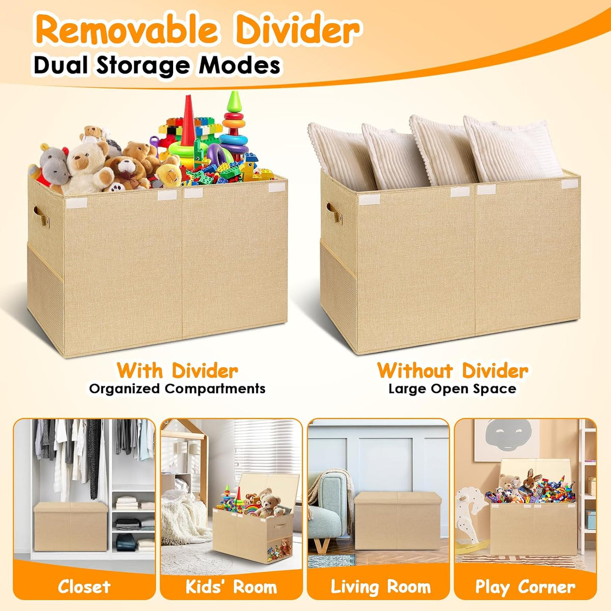Large Toy Storage Box with Lid Upgraded Toy Chest Organizer with Removable PP Divider Foldable Toy Bin for Kids Boys Girls Linen Fabric Toy Box for Playroom Nursery Bedroom (25"x13"x16")