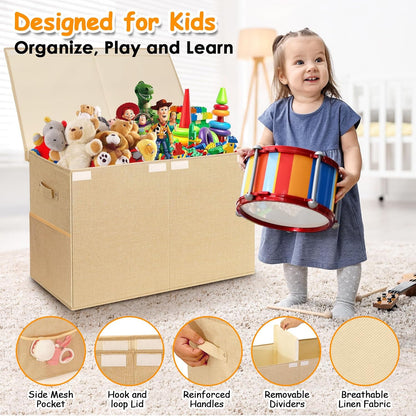 Large Toy Storage Box with Lid Upgraded Toy Chest Organizer with Removable PP Divider Foldable Toy Bin for Kids Boys Girls Linen Fabric Toy Box for Playroom Nursery Bedroom (25"x13"x16")