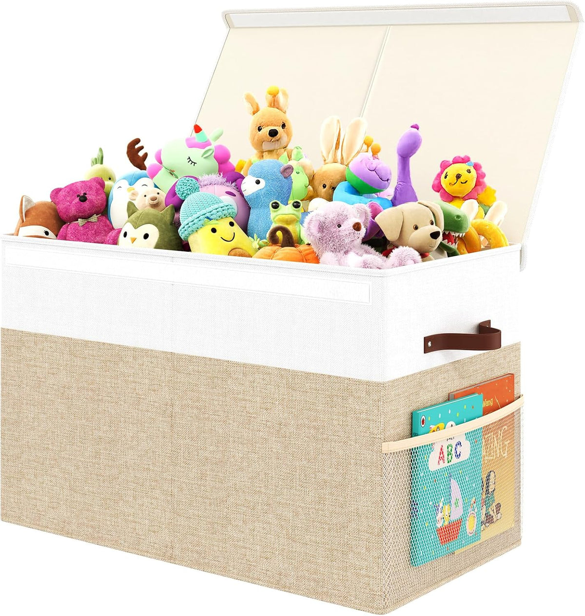 Large Toy Storage Box with Lid Upgraded Toy Chest Organizer with Removable PP Divider Foldable Toy Bin for Kids Boys Girls Linen Fabric Toy Box for Playroom Nursery Bedroom (25"x13"x16")