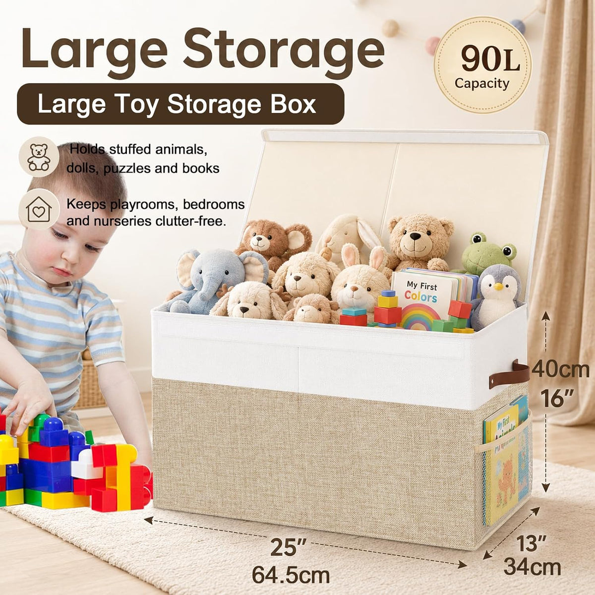 Large Toy Storage Box with Lid Upgraded Toy Chest Organizer with Removable PP Divider Foldable Toy Bin for Kids Boys Girls Linen Fabric Toy Box for Playroom Nursery Bedroom (25"x13"x16")