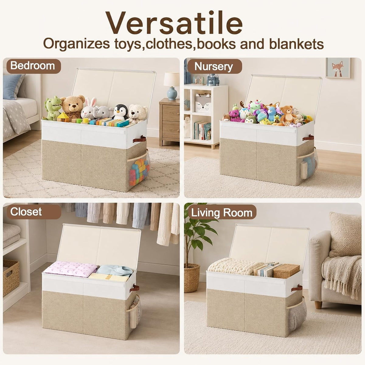Large Toy Storage Box with Lid Upgraded Toy Chest Organizer with Removable PP Divider Foldable Toy Bin for Kids Boys Girls Linen Fabric Toy Box for Playroom Nursery Bedroom (25"x13"x16")