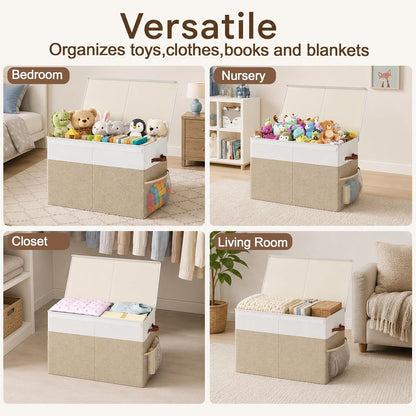 Large Toy Storage Box with Lid Upgraded Toy Chest Organizer with Removable PP Divider Foldable Toy Bin for Kids Boys Girls Linen Fabric Toy Box for Playroom Nursery Bedroom (25"x13"x16")