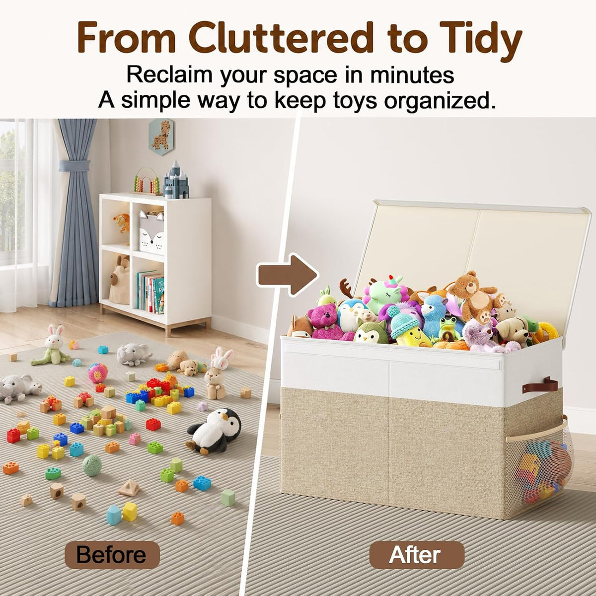 Large Toy Storage Box with Lid Upgraded Toy Chest Organizer with Removable PP Divider Foldable Toy Bin for Kids Boys Girls Linen Fabric Toy Box for Playroom Nursery Bedroom (25"x13"x16")