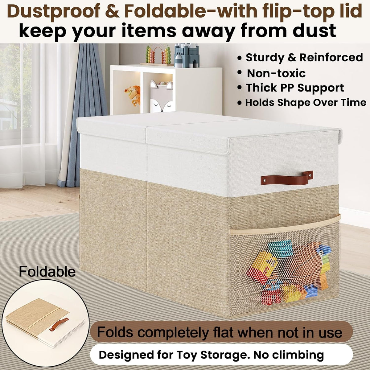 Large Toy Storage Box with Lid Upgraded Toy Chest Organizer with Removable PP Divider Foldable Toy Bin for Kids Boys Girls Linen Fabric Toy Box for Playroom Nursery Bedroom (25"x13"x16")