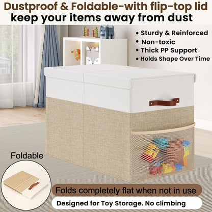 Large Toy Storage Box with Lid Upgraded Toy Chest Organizer with Removable PP Divider Foldable Toy Bin for Kids Boys Girls Linen Fabric Toy Box for Playroom Nursery Bedroom (25"x13"x16")