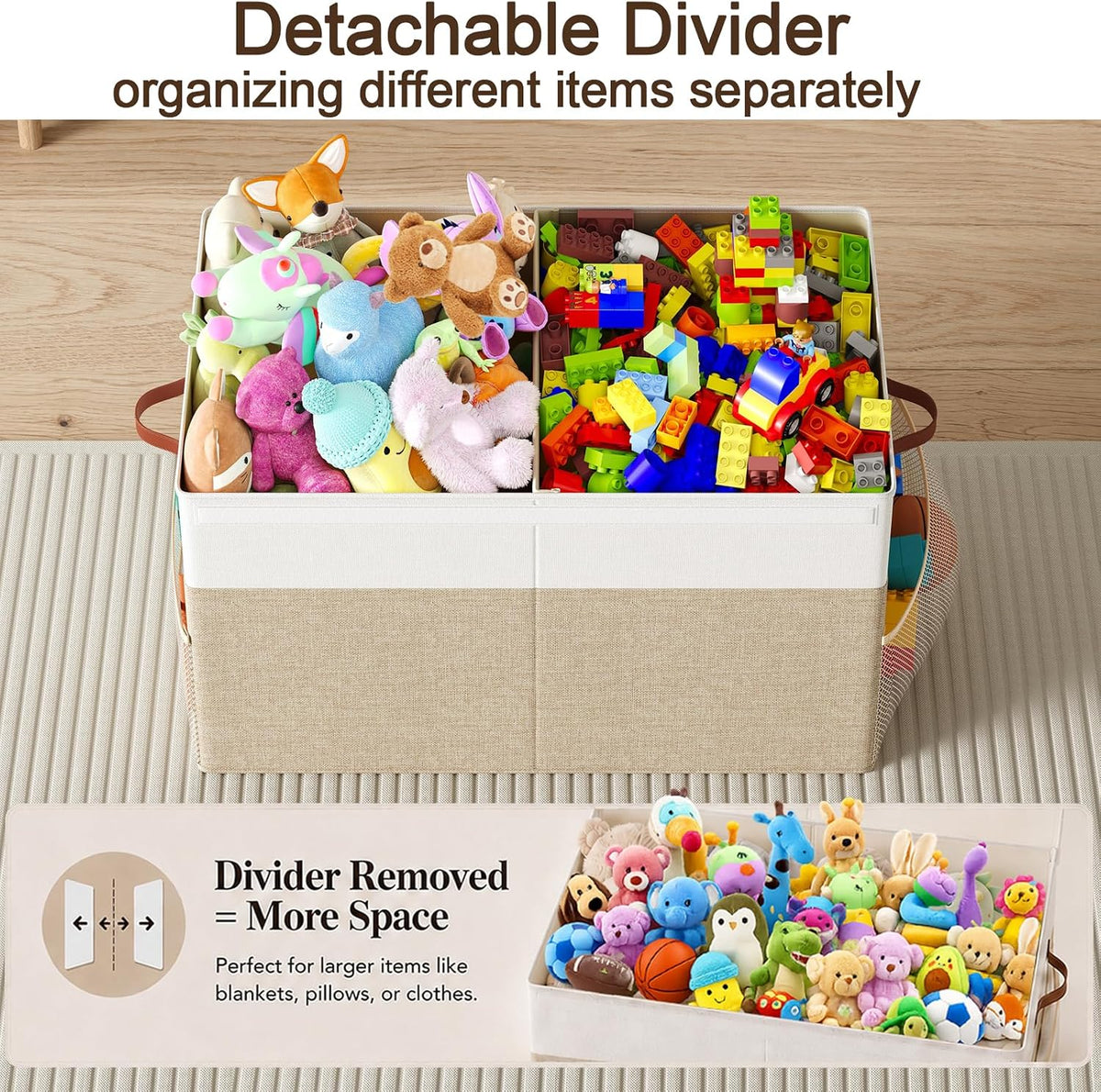 Large Toy Storage Box with Lid Upgraded Toy Chest Organizer with Removable PP Divider Foldable Toy Bin for Kids Boys Girls Linen Fabric Toy Box for Playroom Nursery Bedroom (25"x13"x16")