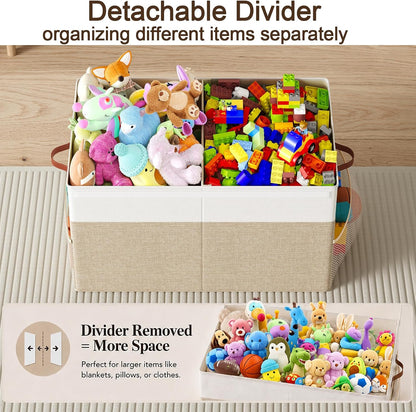 Large Toy Storage Box with Lid Upgraded Toy Chest Organizer with Removable PP Divider Foldable Toy Bin for Kids Boys Girls Linen Fabric Toy Box for Playroom Nursery Bedroom (25"x13"x16")