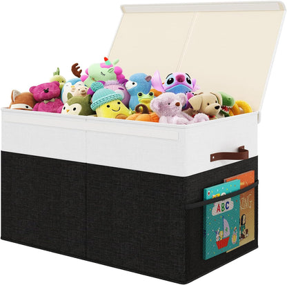 Large Toy Storage Box with Lid Upgraded Toy Chest Organizer with Removable PP Divider Foldable Toy Bin for Kids Boys Girls Linen Fabric Toy Box for Playroom Nursery Bedroom (25"x13"x16")