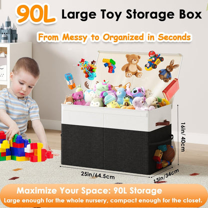 Large Toy Storage Box with Lid Upgraded Toy Chest Organizer with Removable PP Divider Foldable Toy Bin for Kids Boys Girls Linen Fabric Toy Box for Playroom Nursery Bedroom (25"x13"x16")