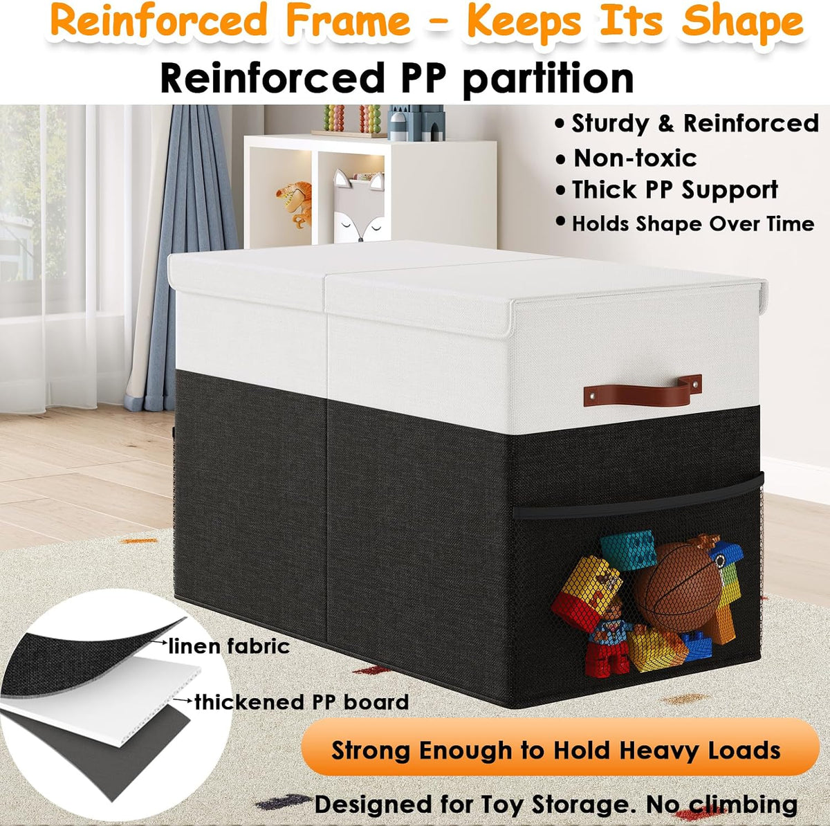 Large Toy Storage Box with Lid Upgraded Toy Chest Organizer with Removable PP Divider Foldable Toy Bin for Kids Boys Girls Linen Fabric Toy Box for Playroom Nursery Bedroom (25"x13"x16")