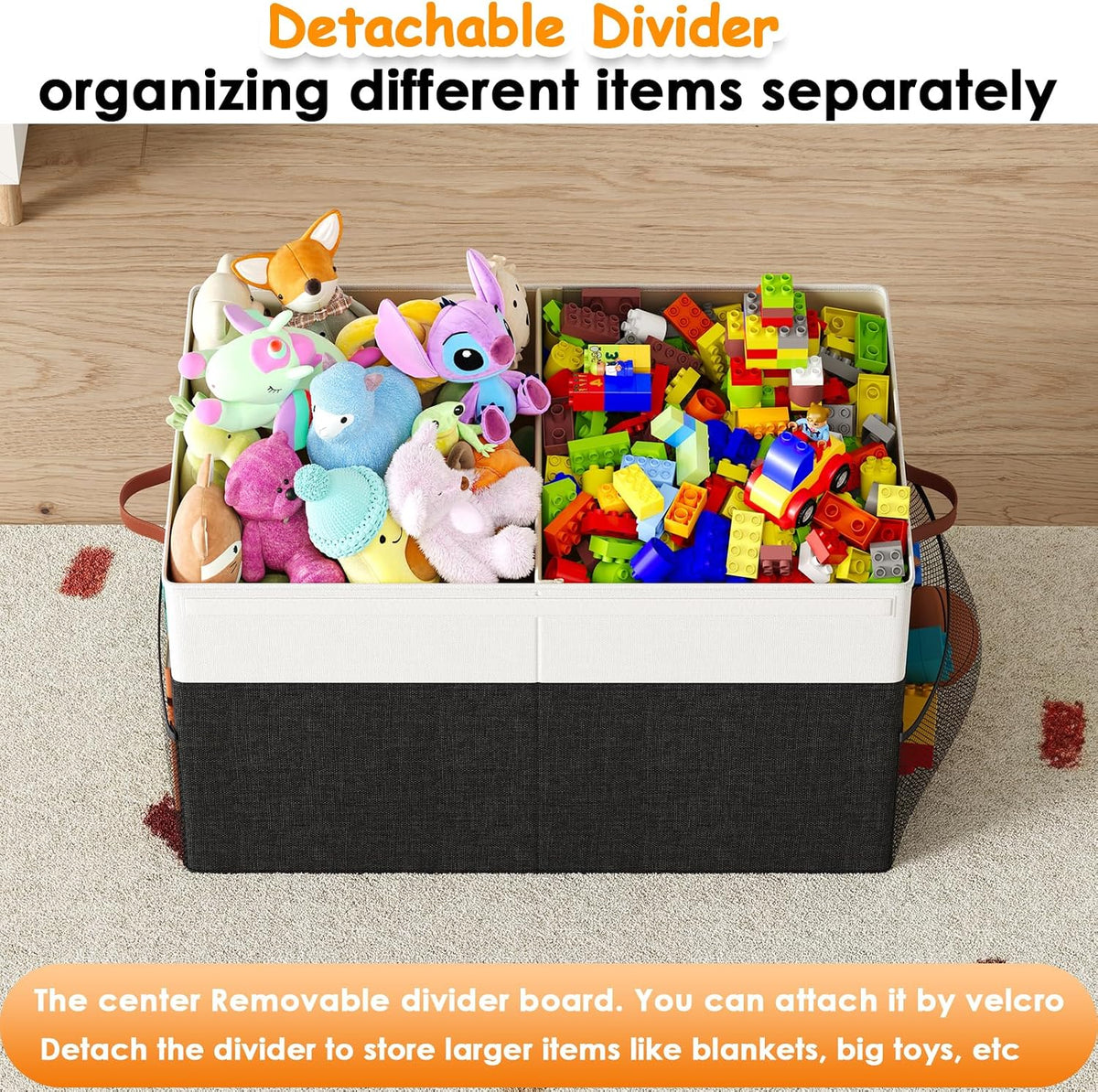 Large Toy Storage Box with Lid Upgraded Toy Chest Organizer with Removable PP Divider Foldable Toy Bin for Kids Boys Girls Linen Fabric Toy Box for Playroom Nursery Bedroom (25"x13"x16")