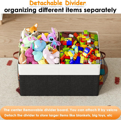 Large Toy Storage Box with Lid Upgraded Toy Chest Organizer with Removable PP Divider Foldable Toy Bin for Kids Boys Girls Linen Fabric Toy Box for Playroom Nursery Bedroom (25"x13"x16")