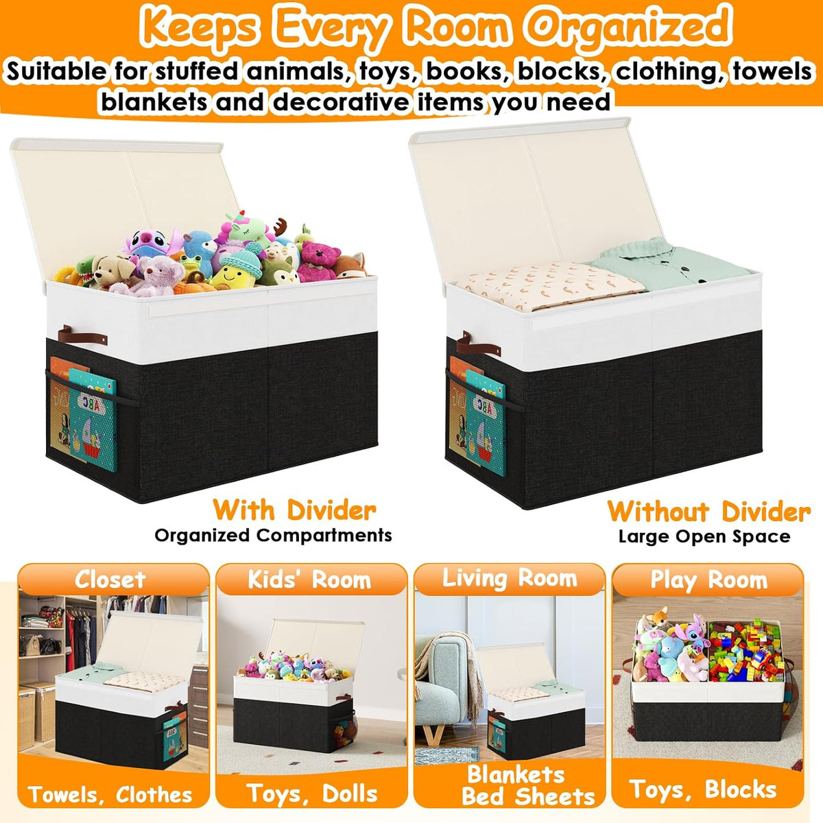 Large Toy Storage Box with Lid Upgraded Toy Chest Organizer with Removable PP Divider Foldable Toy Bin for Kids Boys Girls Linen Fabric Toy Box for Playroom Nursery Bedroom (25"x13"x16")