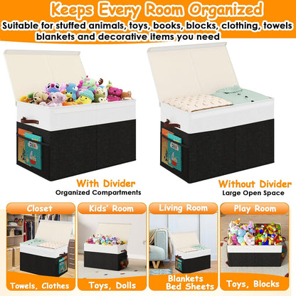 Large Toy Storage Box with Lid Upgraded Toy Chest Organizer with Removable PP Divider Foldable Toy Bin for Kids Boys Girls Linen Fabric Toy Box for Playroom Nursery Bedroom (25"x13"x16")