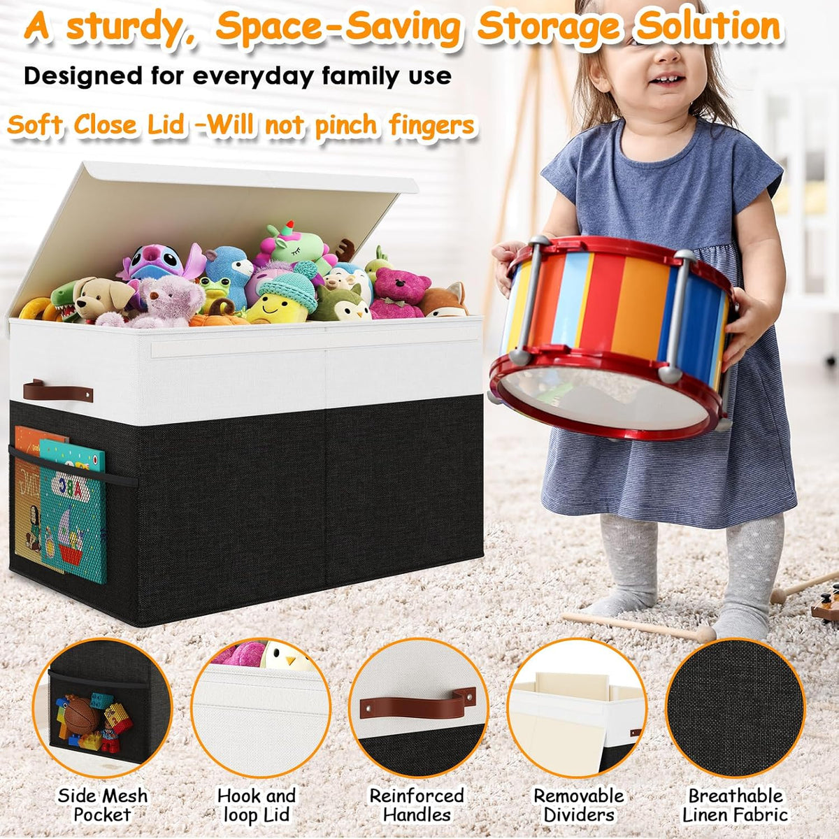 Large Toy Storage Box with Lid Upgraded Toy Chest Organizer with Removable PP Divider Foldable Toy Bin for Kids Boys Girls Linen Fabric Toy Box for Playroom Nursery Bedroom (25"x13"x16")