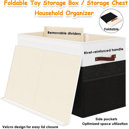 Large Toy Storage Box with Lid Upgraded Toy Chest Organizer with Removable PP Divider Foldable Toy Bin for Kids Boys Girls Linen Fabric Toy Box for Playroom Nursery Bedroom (25"x13"x16")