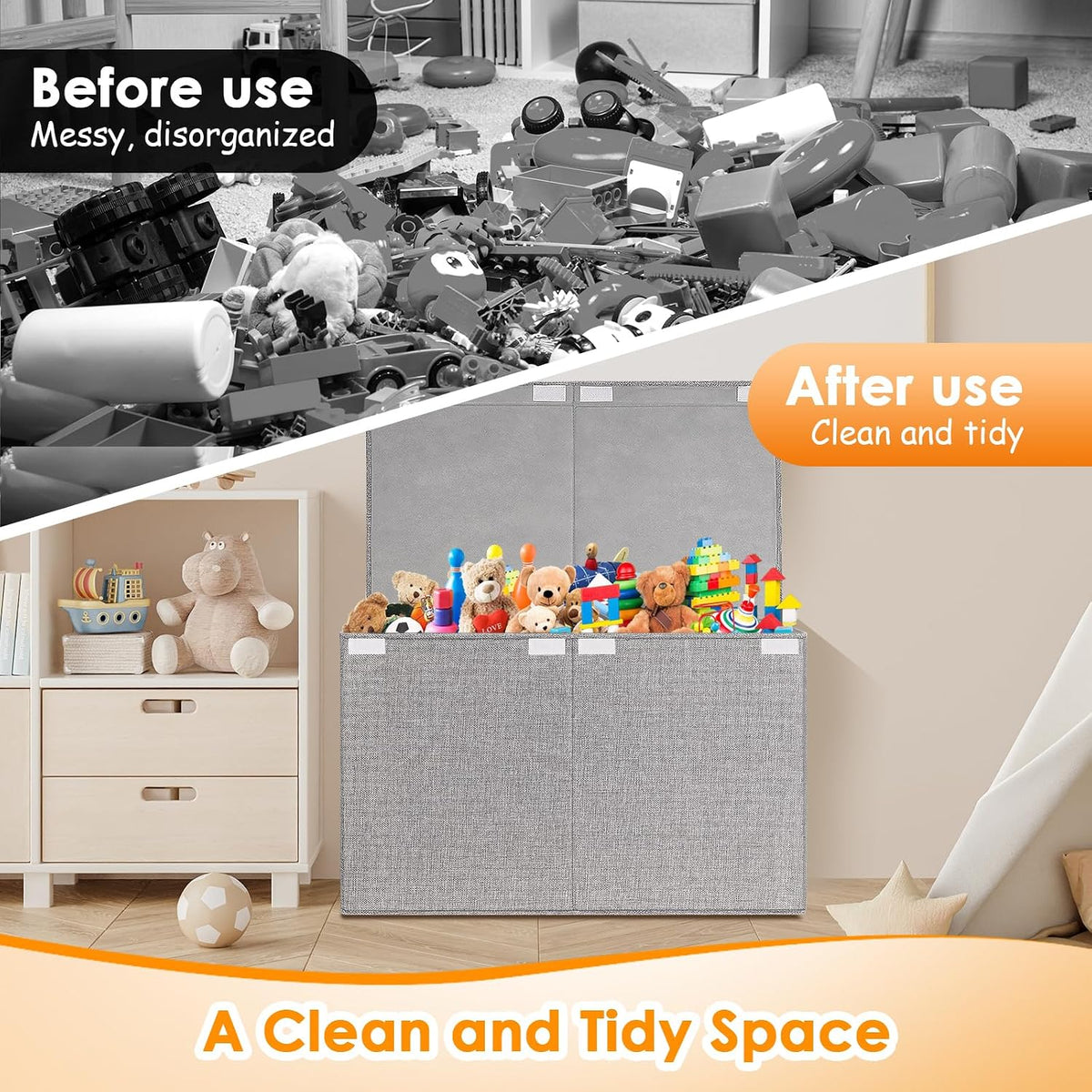 Large Toy Storage Box with Lid Upgraded Toy Chest Organizer with Removable PP Divider Foldable Toy Bin for Kids Boys Girls Linen Fabric Toy Box for Playroom Nursery Bedroom (25"x13"x16")