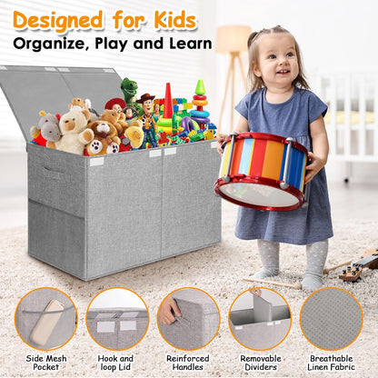 Large Toy Storage Box with Lid Upgraded Toy Chest Organizer with Removable PP Divider Foldable Toy Bin for Kids Boys Girls Linen Fabric Toy Box for Playroom Nursery Bedroom (25"x13"x16")
