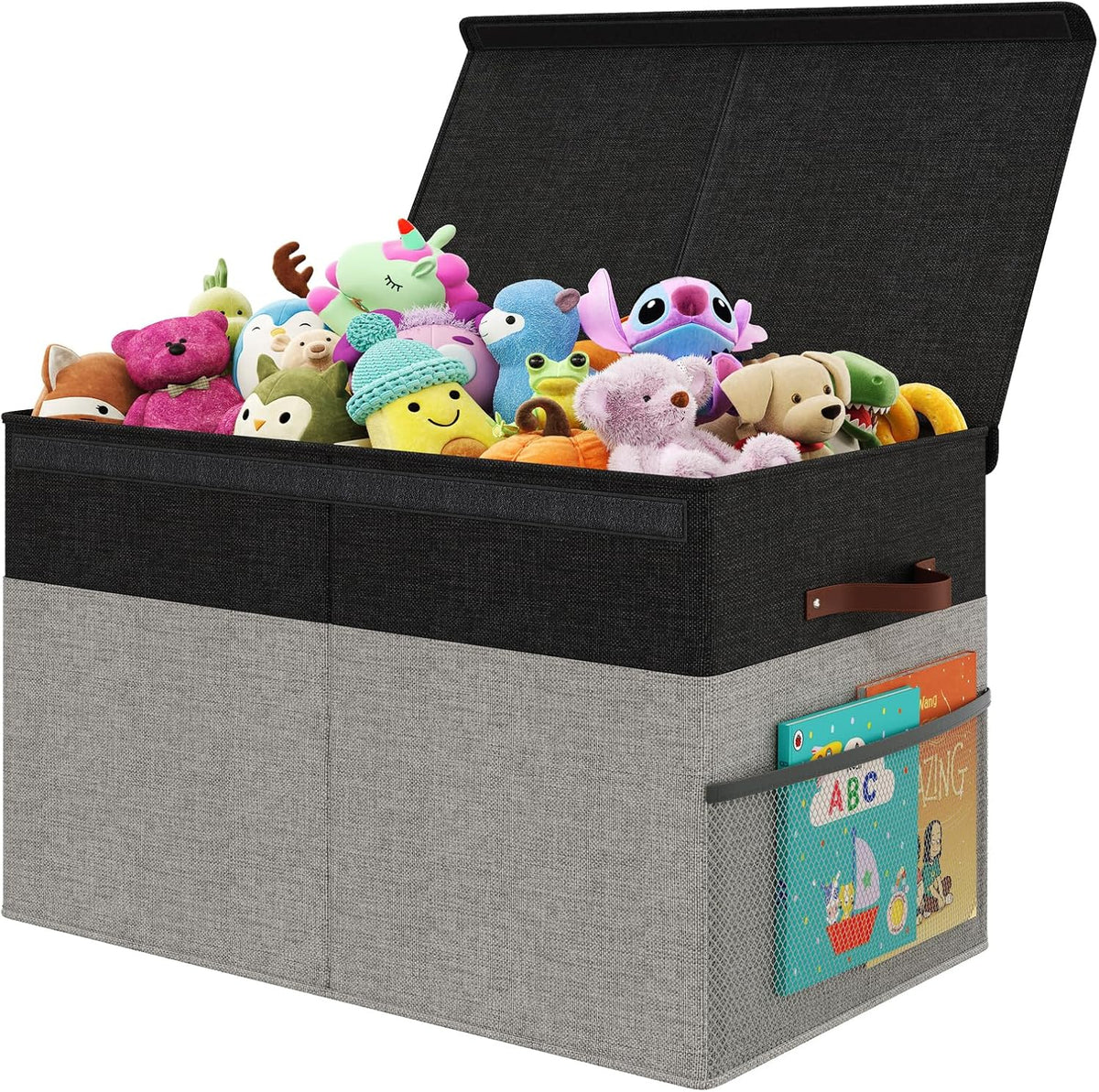 Large Toy Storage Box with Lid Upgraded Toy Chest Organizer with Removable PP Divider Foldable Toy Bin for Kids Boys Girls Linen Fabric Toy Box for Playroom Nursery Bedroom (25"x13"x16")