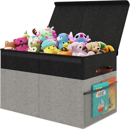 Large Toy Storage Box with Lid Upgraded Toy Chest Organizer with Removable PP Divider Foldable Toy Bin for Kids Boys Girls Linen Fabric Toy Box for Playroom Nursery Bedroom (25"x13"x16")