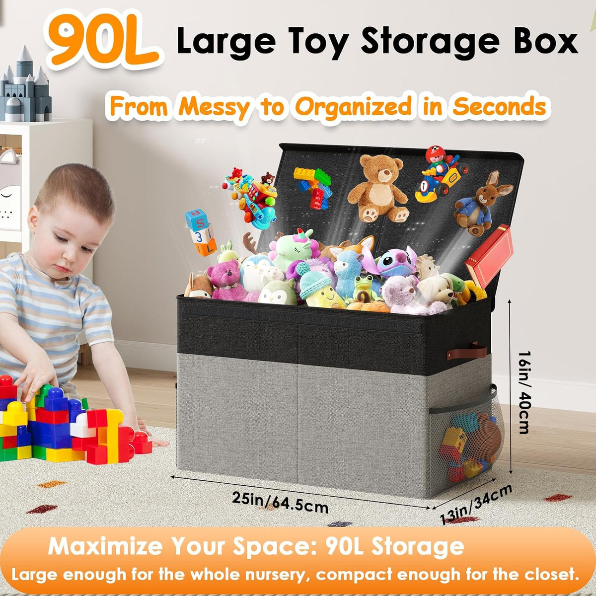 Large Toy Storage Box with Lid Upgraded Toy Chest Organizer with Removable PP Divider Foldable Toy Bin for Kids Boys Girls Linen Fabric Toy Box for Playroom Nursery Bedroom (25"x13"x16")