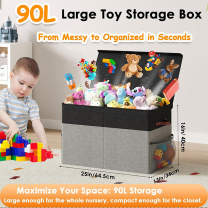 Large Toy Storage Box with Lid Upgraded Toy Chest Organizer with Removable PP Divider Foldable Toy Bin for Kids Boys Girls Linen Fabric Toy Box for Playroom Nursery Bedroom (25"x13"x16")