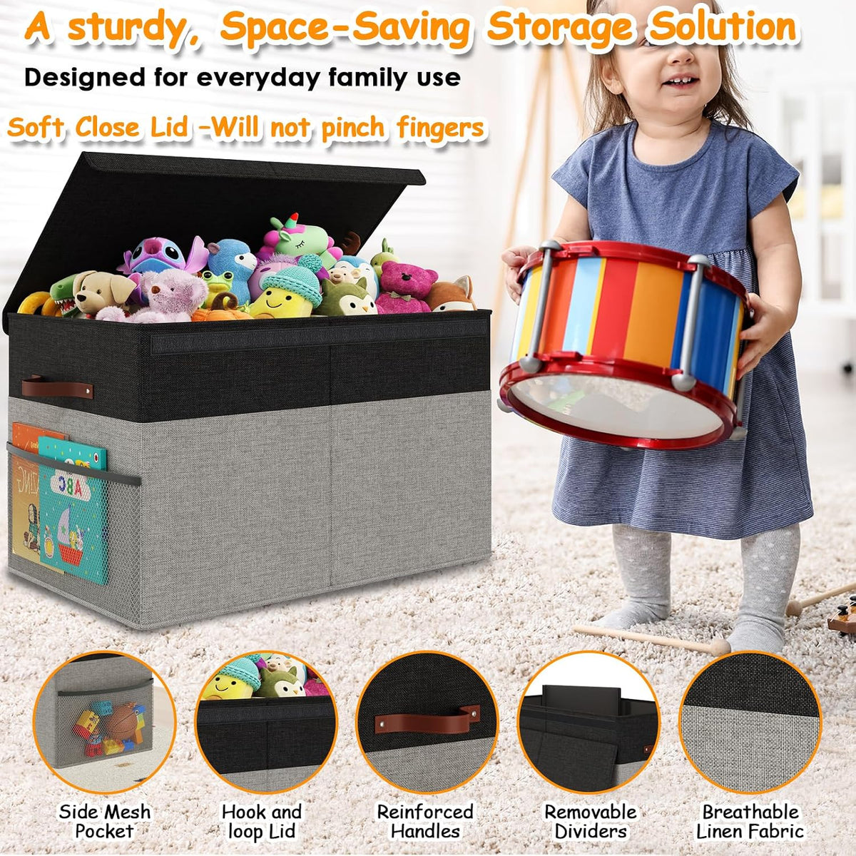 Large Toy Storage Box with Lid Upgraded Toy Chest Organizer with Removable PP Divider Foldable Toy Bin for Kids Boys Girls Linen Fabric Toy Box for Playroom Nursery Bedroom (25"x13"x16")
