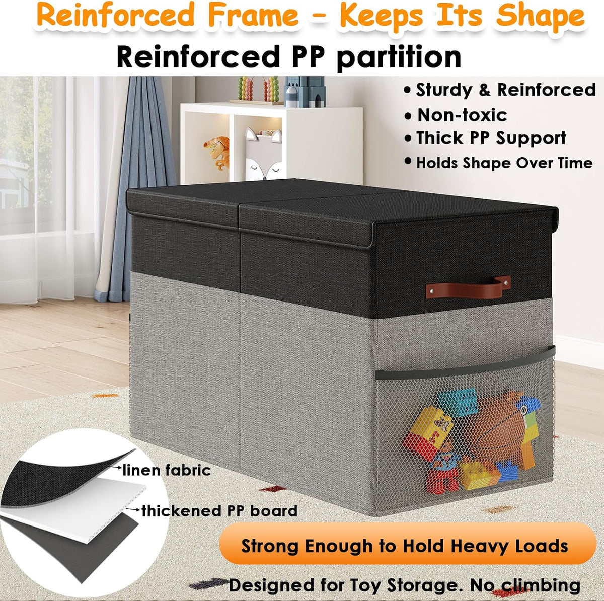 Large Toy Storage Box with Lid Upgraded Toy Chest Organizer with Removable PP Divider Foldable Toy Bin for Kids Boys Girls Linen Fabric Toy Box for Playroom Nursery Bedroom (25"x13"x16")
