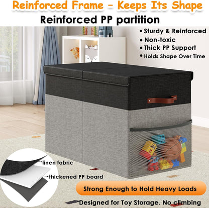 Large Toy Storage Box with Lid Upgraded Toy Chest Organizer with Removable PP Divider Foldable Toy Bin for Kids Boys Girls Linen Fabric Toy Box for Playroom Nursery Bedroom (25"x13"x16")