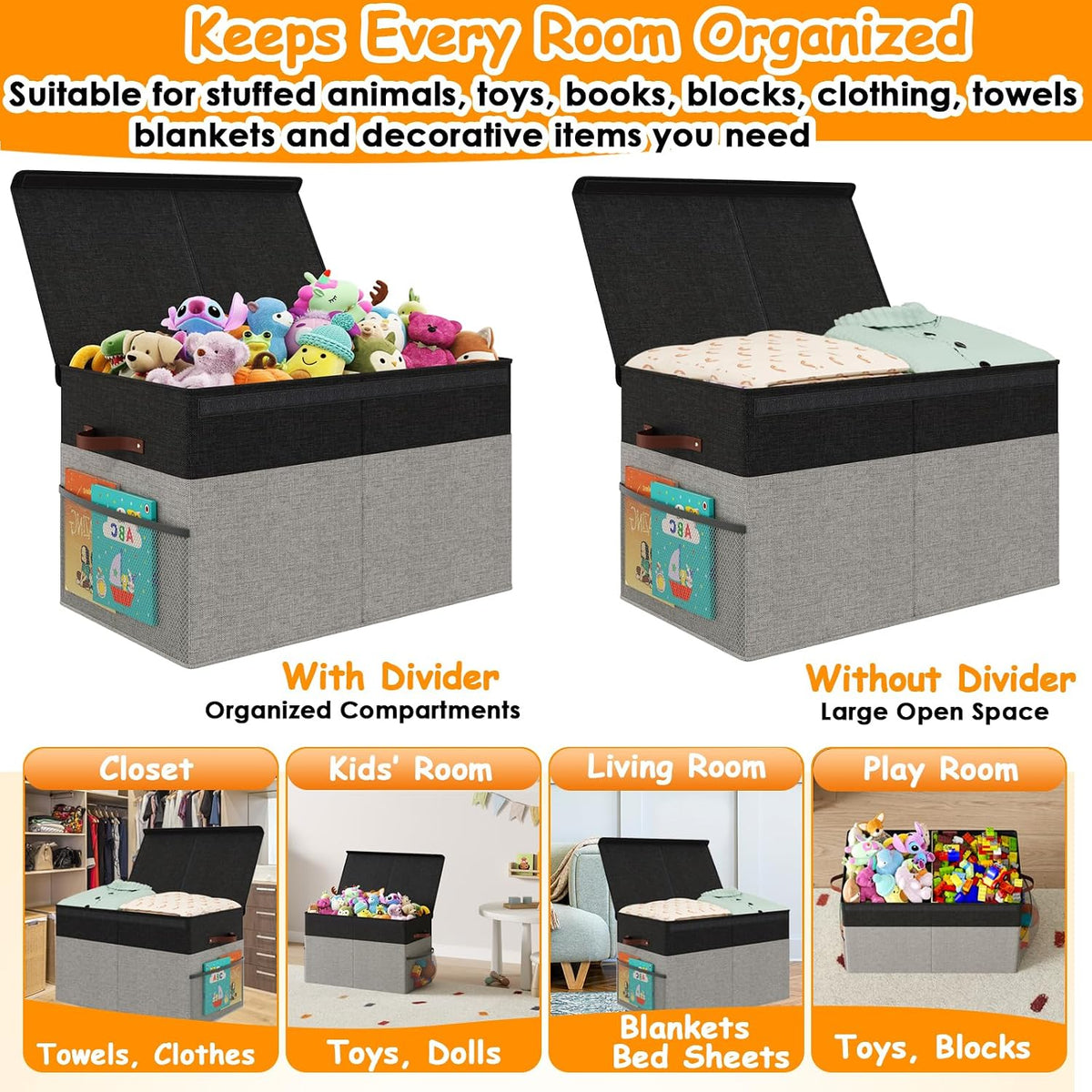 Large Toy Storage Box with Lid Upgraded Toy Chest Organizer with Removable PP Divider Foldable Toy Bin for Kids Boys Girls Linen Fabric Toy Box for Playroom Nursery Bedroom (25"x13"x16")