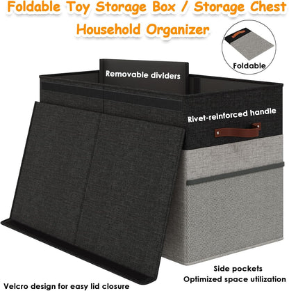 Large Toy Storage Box with Lid Upgraded Toy Chest Organizer with Removable PP Divider Foldable Toy Bin for Kids Boys Girls Linen Fabric Toy Box for Playroom Nursery Bedroom (25"x13"x16")