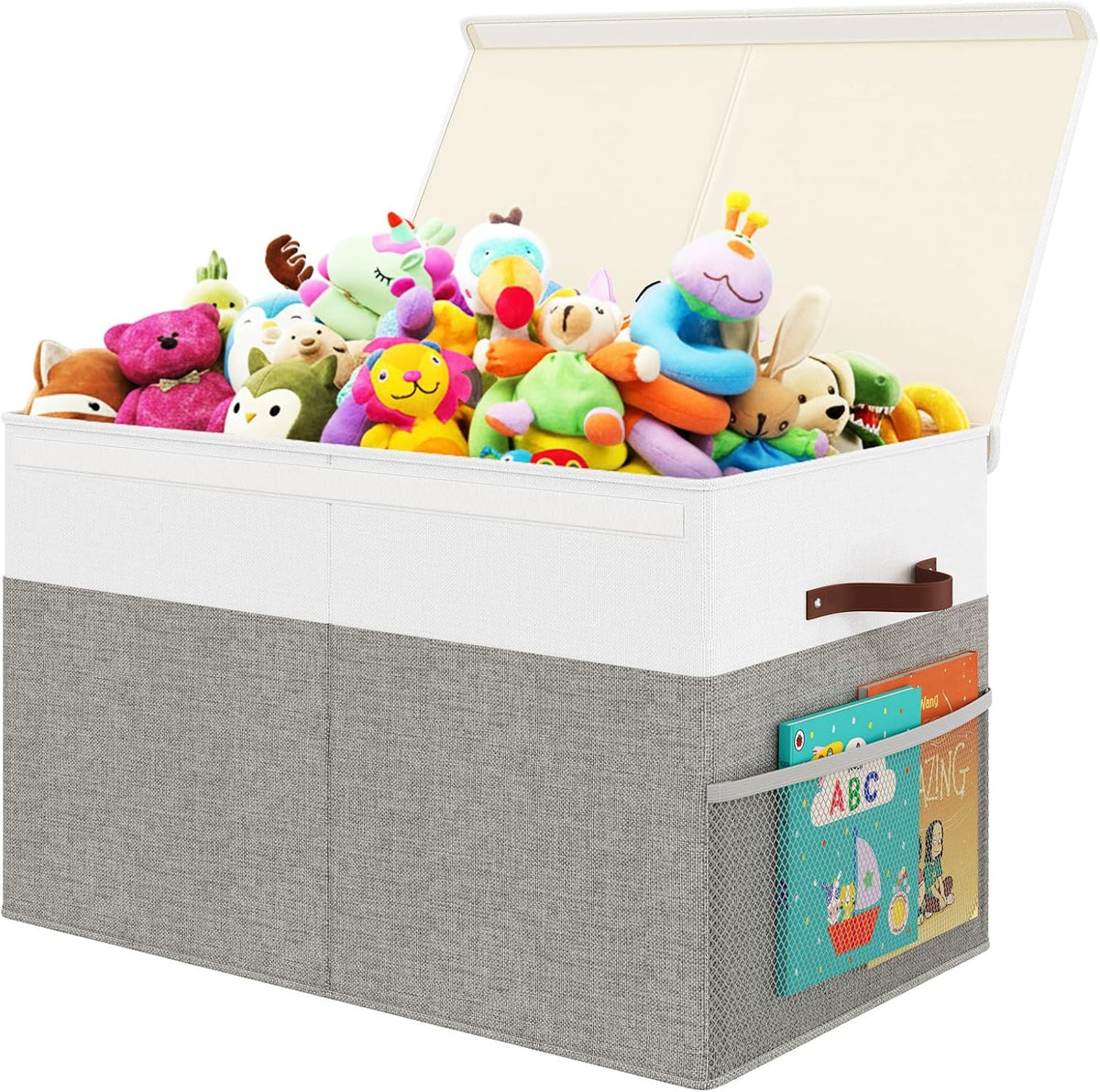 Large Toy Storage Box with Lid Upgraded Toy Chest Organizer with Removable PP Divider Foldable Toy Bin for Kids Boys Girls Linen Fabric Toy Box for Playroom Nursery Bedroom (25"x13"x16")