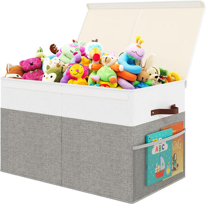 Large Toy Storage Box with Lid Upgraded Toy Chest Organizer with Removable PP Divider Foldable Toy Bin for Kids Boys Girls Linen Fabric Toy Box for Playroom Nursery Bedroom (25"x13"x16")