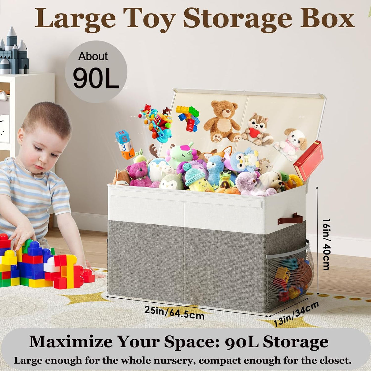 Large Toy Storage Box with Lid Upgraded Toy Chest Organizer with Removable PP Divider Foldable Toy Bin for Kids Boys Girls Linen Fabric Toy Box for Playroom Nursery Bedroom (25"x13"x16")