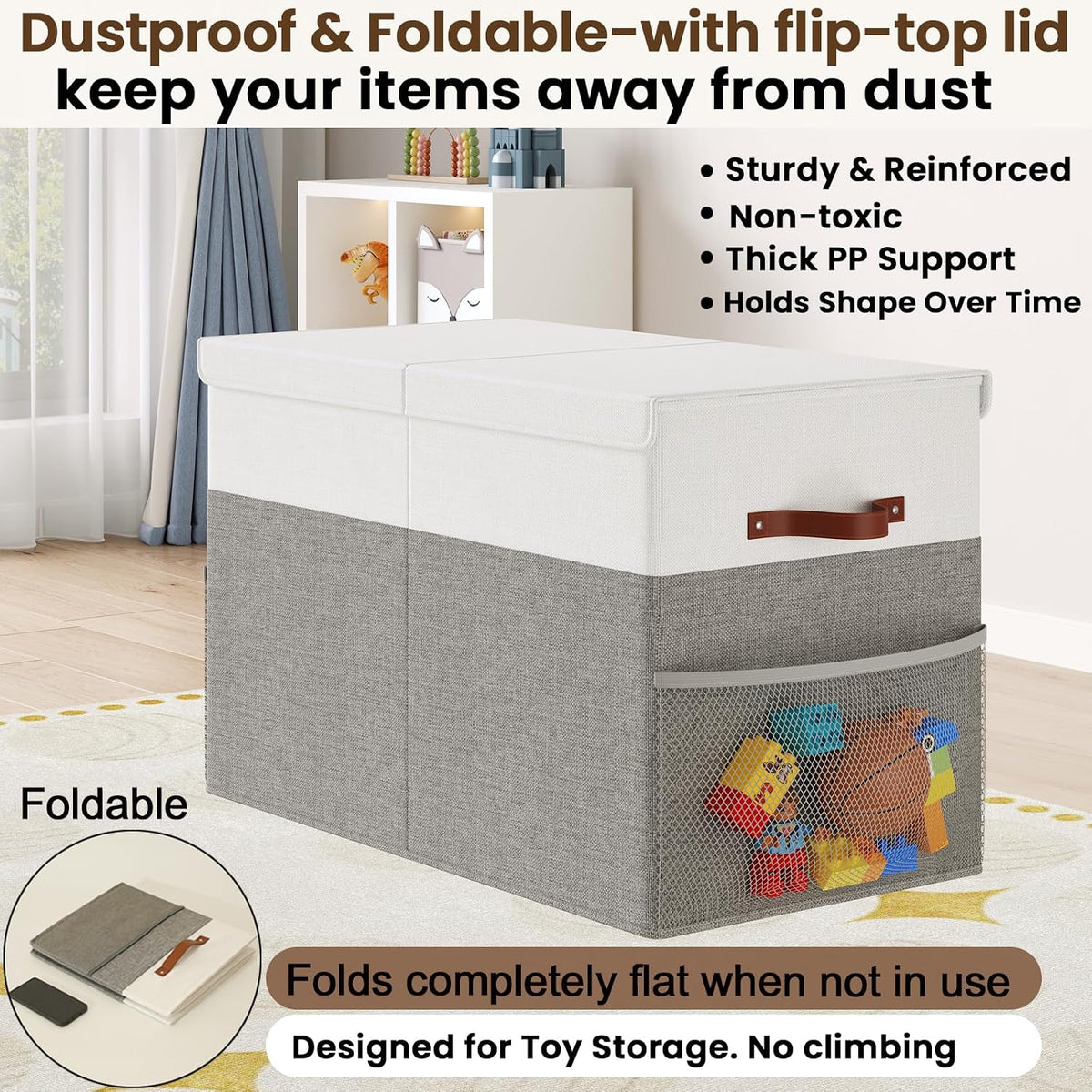 Large Toy Storage Box with Lid Upgraded Toy Chest Organizer with Removable PP Divider Foldable Toy Bin for Kids Boys Girls Linen Fabric Toy Box for Playroom Nursery Bedroom (25"x13"x16")