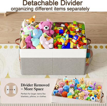 Large Toy Storage Box with Lid Upgraded Toy Chest Organizer with Removable PP Divider Foldable Toy Bin for Kids Boys Girls Linen Fabric Toy Box for Playroom Nursery Bedroom (25"x13"x16")