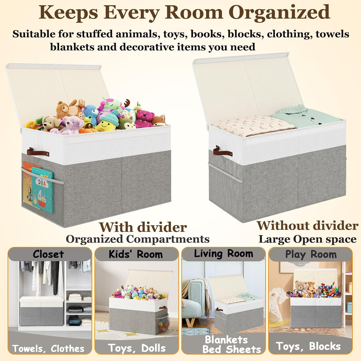 Large Toy Storage Box with Lid Upgraded Toy Chest Organizer with Removable PP Divider Foldable Toy Bin for Kids Boys Girls Linen Fabric Toy Box for Playroom Nursery Bedroom (25"x13"x16")