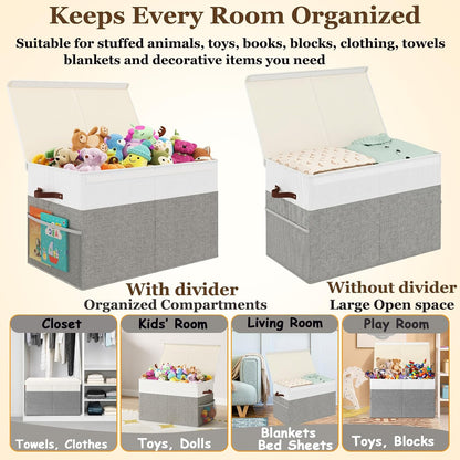 Large Toy Storage Box with Lid Upgraded Toy Chest Organizer with Removable PP Divider Foldable Toy Bin for Kids Boys Girls Linen Fabric Toy Box for Playroom Nursery Bedroom (25"x13"x16")