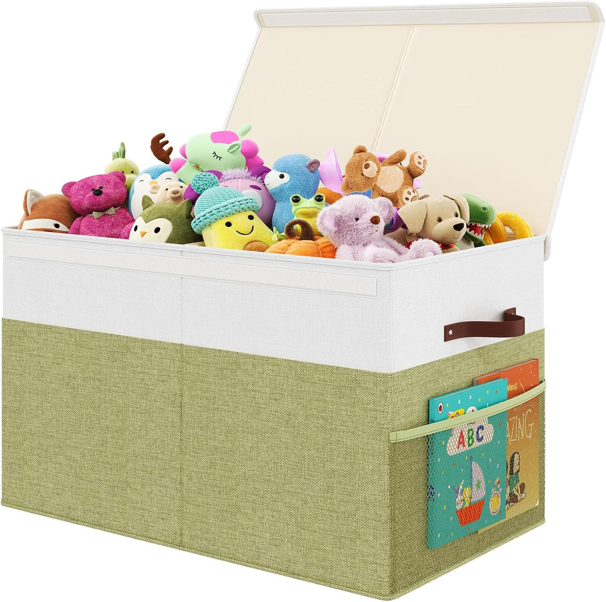 Large Toy Storage Box with Lid Upgraded Toy Chest Organizer with Removable PP Divider Foldable Toy Bin for Kids Boys Girls Linen Fabric Toy Box for Playroom Nursery Bedroom (25"x13"x16")