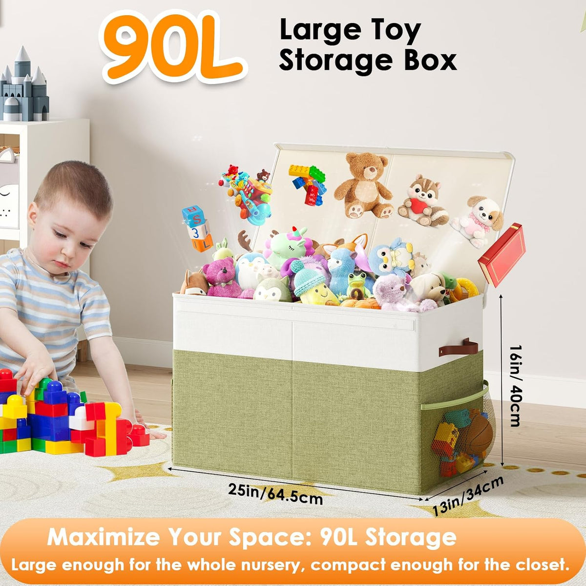 Large Toy Storage Box with Lid Upgraded Toy Chest Organizer with Removable PP Divider Foldable Toy Bin for Kids Boys Girls Linen Fabric Toy Box for Playroom Nursery Bedroom (25"x13"x16")