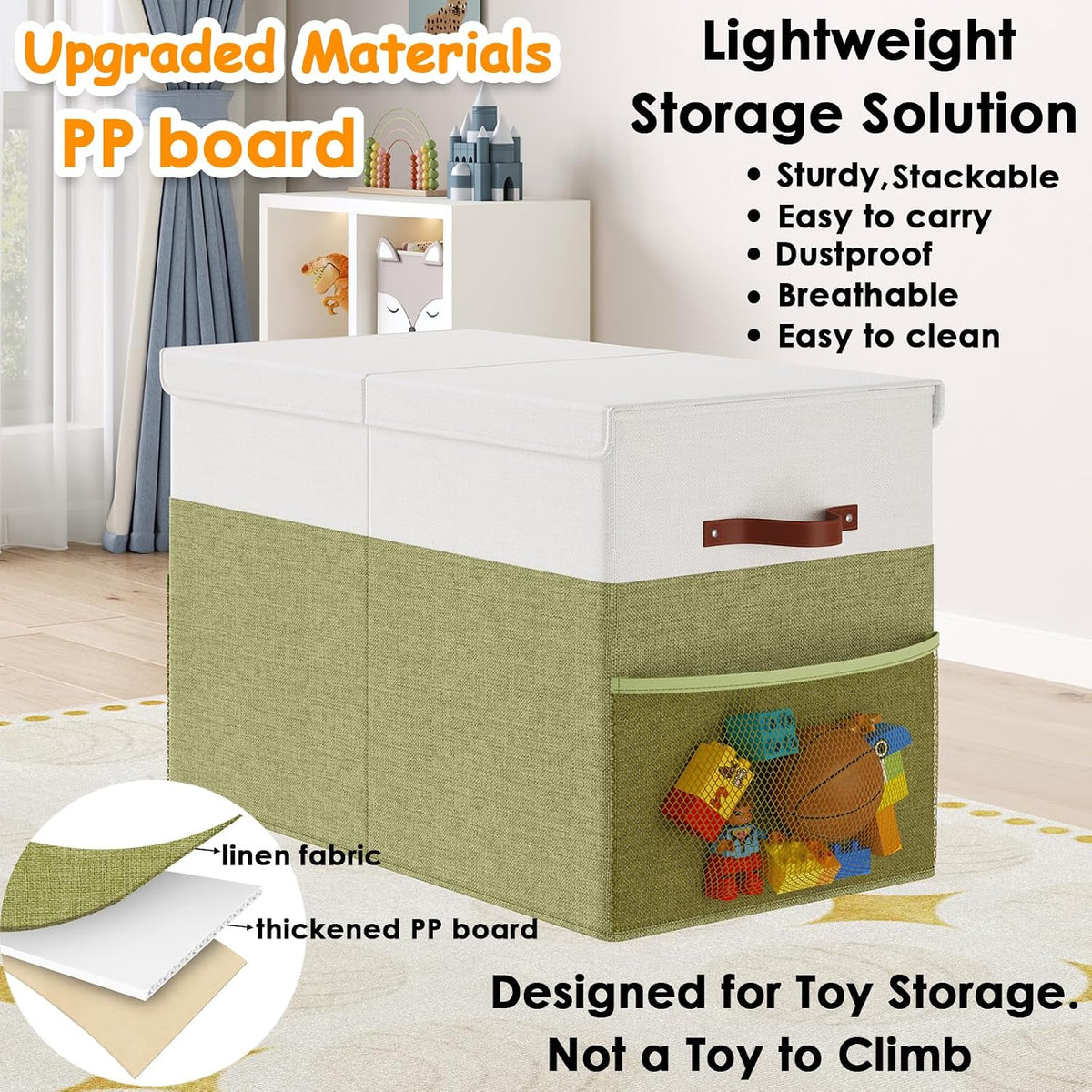 Large Toy Storage Box with Lid Upgraded Toy Chest Organizer with Removable PP Divider Foldable Toy Bin for Kids Boys Girls Linen Fabric Toy Box for Playroom Nursery Bedroom (25"x13"x16")