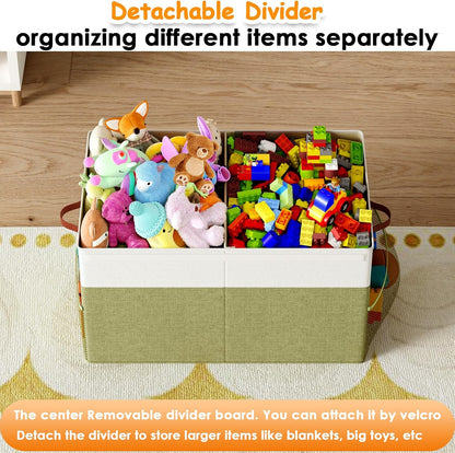 Large Toy Storage Box with Lid Upgraded Toy Chest Organizer with Removable PP Divider Foldable Toy Bin for Kids Boys Girls Linen Fabric Toy Box for Playroom Nursery Bedroom (25"x13"x16")