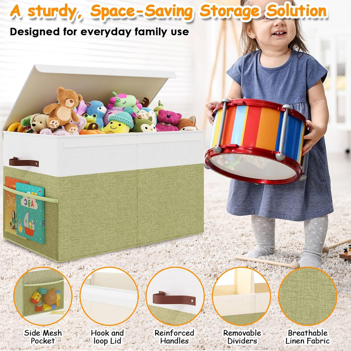 Large Toy Storage Box with Lid Upgraded Toy Chest Organizer with Removable PP Divider Foldable Toy Bin for Kids Boys Girls Linen Fabric Toy Box for Playroom Nursery Bedroom (25"x13"x16")