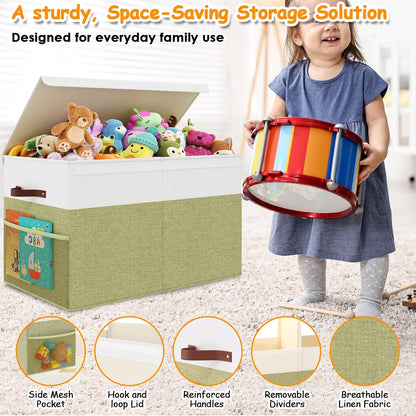 Large Toy Storage Box with Lid Upgraded Toy Chest Organizer with Removable PP Divider Foldable Toy Bin for Kids Boys Girls Linen Fabric Toy Box for Playroom Nursery Bedroom (25"x13"x16")