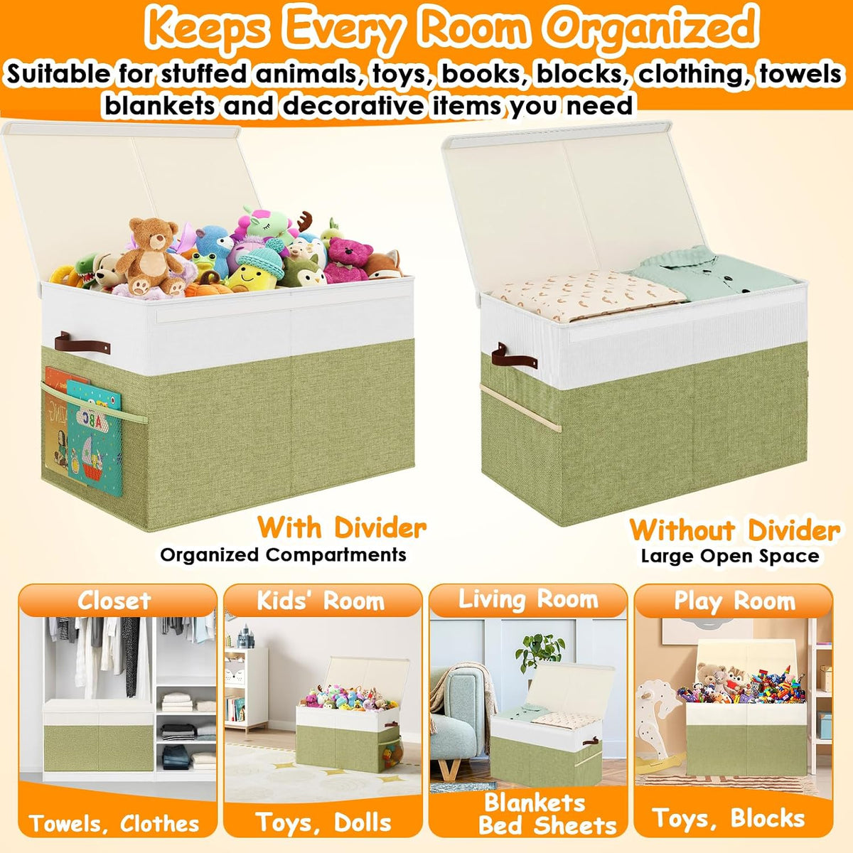 Large Toy Storage Box with Lid Upgraded Toy Chest Organizer with Removable PP Divider Foldable Toy Bin for Kids Boys Girls Linen Fabric Toy Box for Playroom Nursery Bedroom (25"x13"x16")