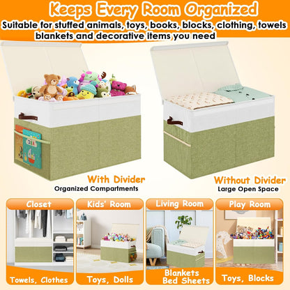 Large Toy Storage Box with Lid Upgraded Toy Chest Organizer with Removable PP Divider Foldable Toy Bin for Kids Boys Girls Linen Fabric Toy Box for Playroom Nursery Bedroom (25"x13"x16")