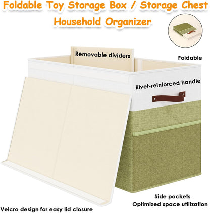 Large Toy Storage Box with Lid Upgraded Toy Chest Organizer with Removable PP Divider Foldable Toy Bin for Kids Boys Girls Linen Fabric Toy Box for Playroom Nursery Bedroom (25"x13"x16")