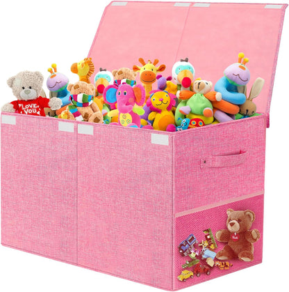 Large Toy Storage Box with Lid Upgraded Toy Chest Organizer with Removable PP Divider Foldable Toy Bin for Kids Boys Girls Linen Fabric Toy Box for Playroom Nursery Bedroom (25"x13"x16")