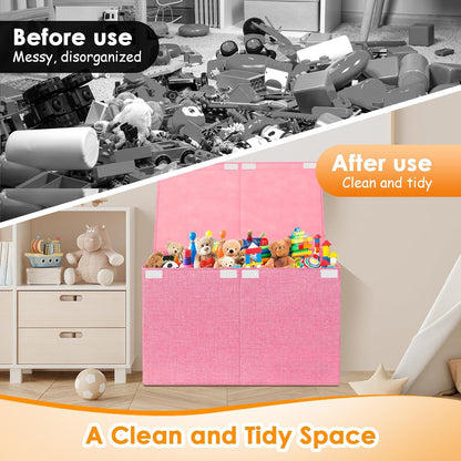 Large Toy Storage Box with Lid Upgraded Toy Chest Organizer with Removable PP Divider Foldable Toy Bin for Kids Boys Girls Linen Fabric Toy Box for Playroom Nursery Bedroom (25"x13"x16")