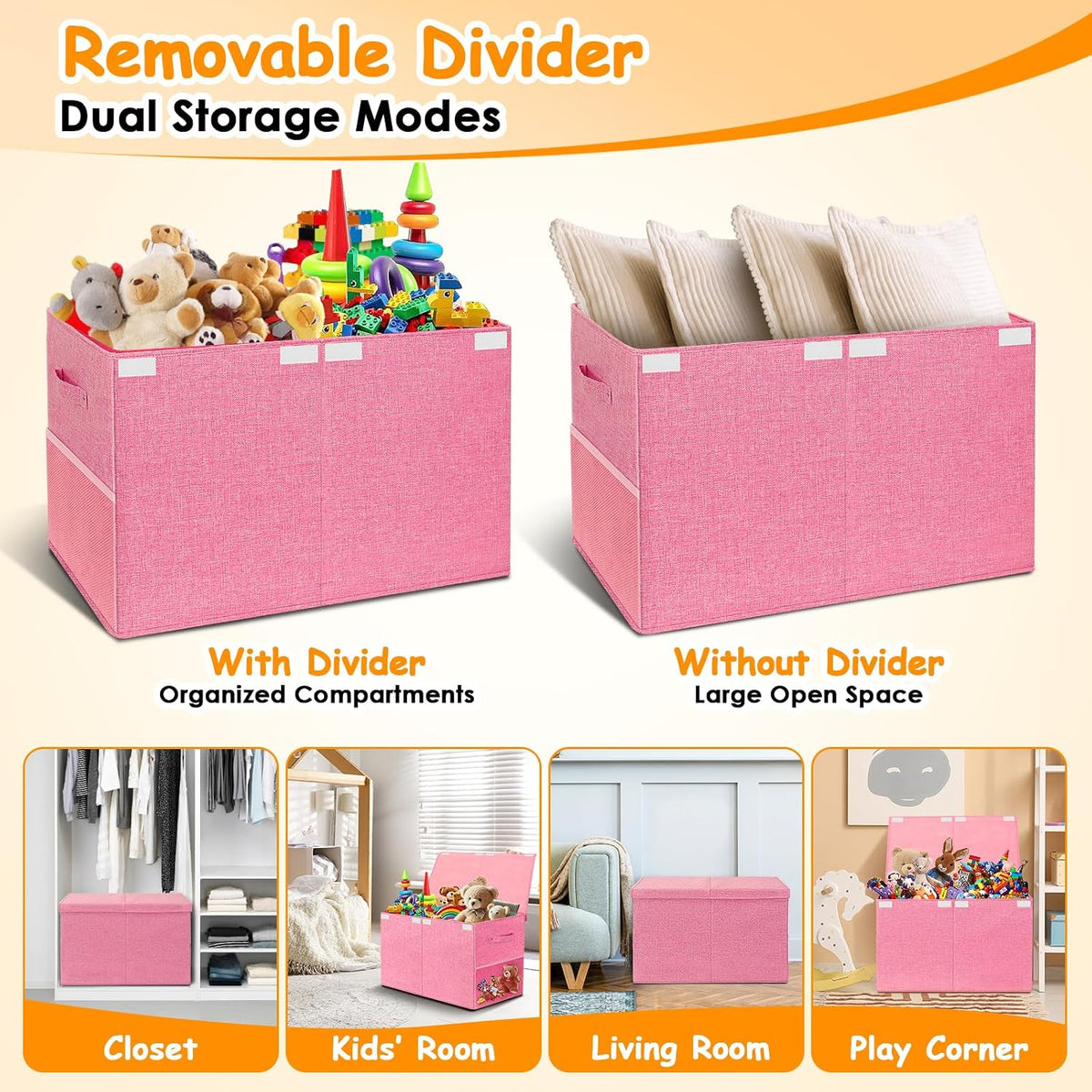 Large Toy Storage Box with Lid Upgraded Toy Chest Organizer with Removable PP Divider Foldable Toy Bin for Kids Boys Girls Linen Fabric Toy Box for Playroom Nursery Bedroom (25"x13"x16")